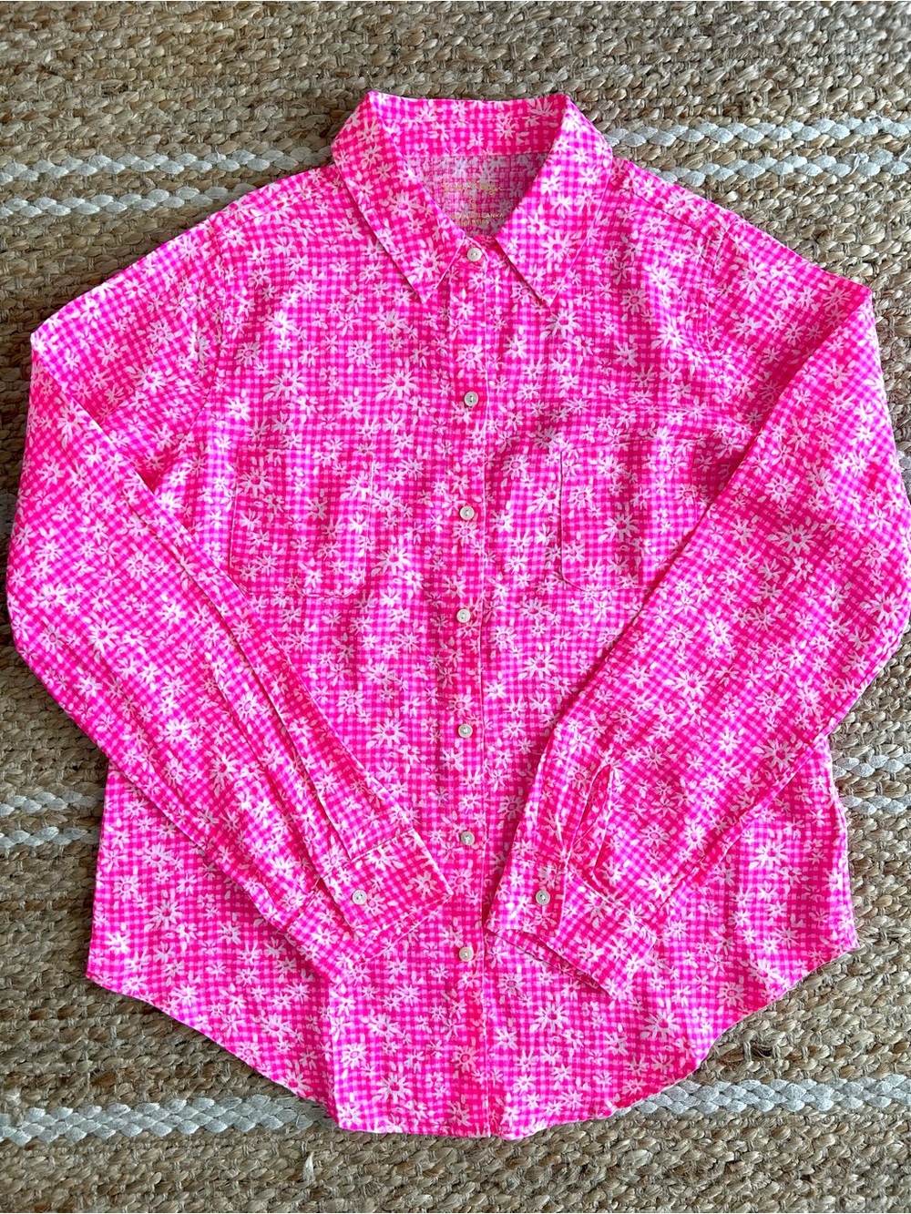 Lilly Pulitzer Sea View Linen Button Down Top Pink Check You Out